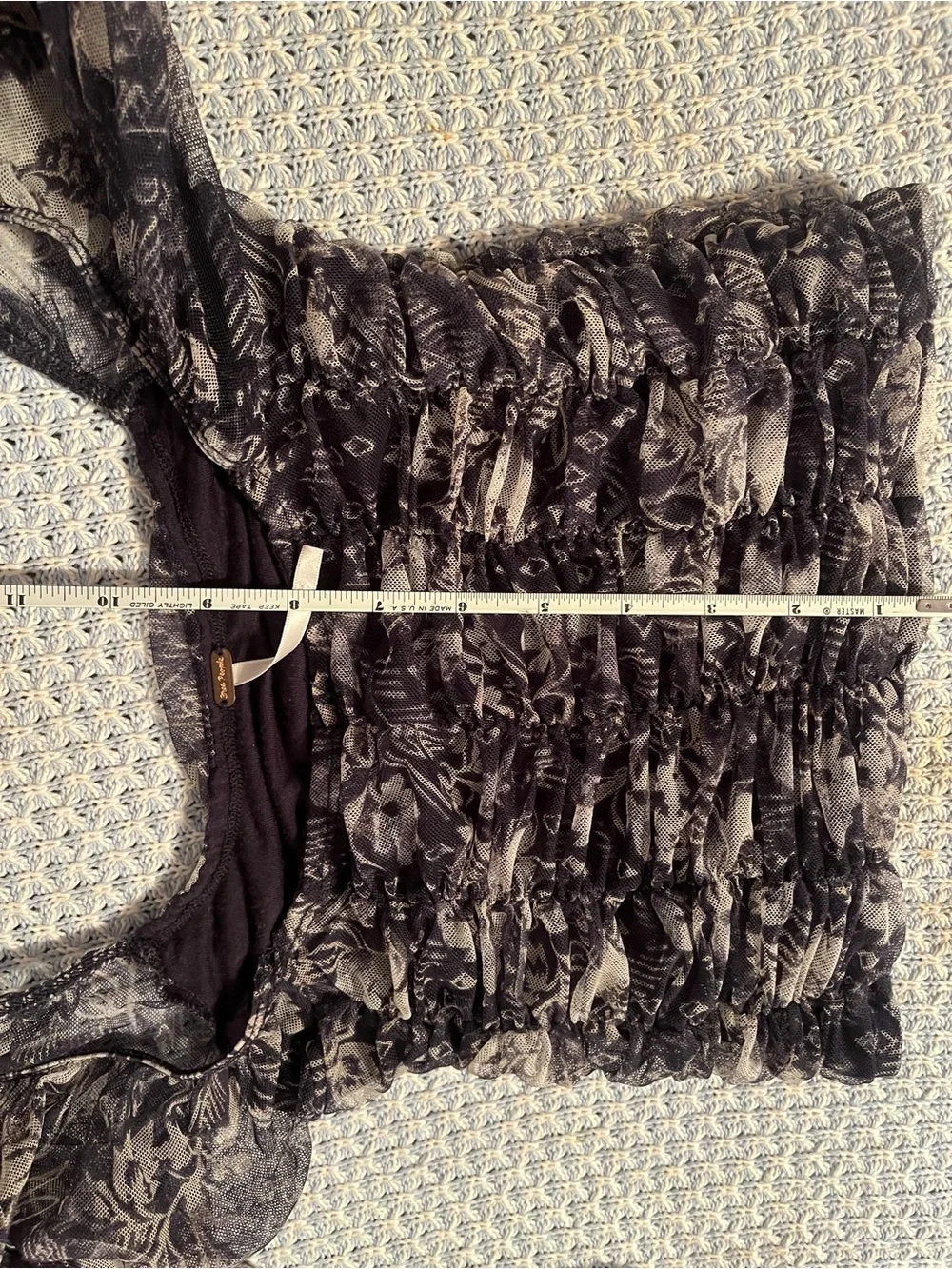Free People Black Floral Ruched Mesh Sheer Balloon Sleeve Top s/p